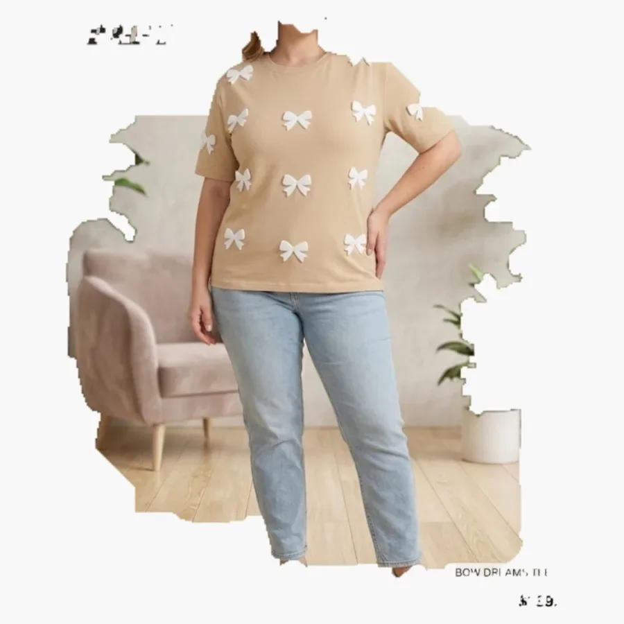 Beige Bow Dreams Puff Tee wholesale ladies clothing