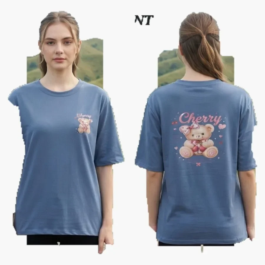 Blue Cherry Bear Back DTF Tee wholesale ladies clothing